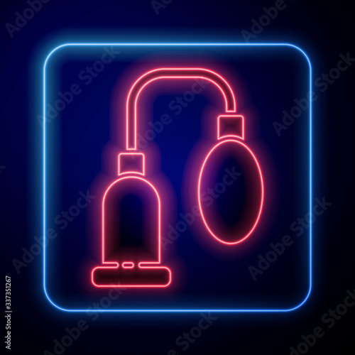 Glowing neon Penis pump icon isolated on blue background. Penis enlarger. Sex toy for men. Vacuum pump with a blower to increase the penis. Vector Illustration