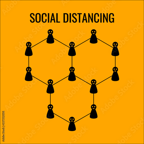 Social distance symbol to reduce the spread of disease. There are characters standing on hexagon with the same distance.Vector illustration.