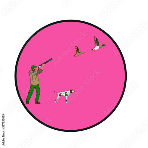 hunter man with spotted dog, shooting ducks flying, vector illustration