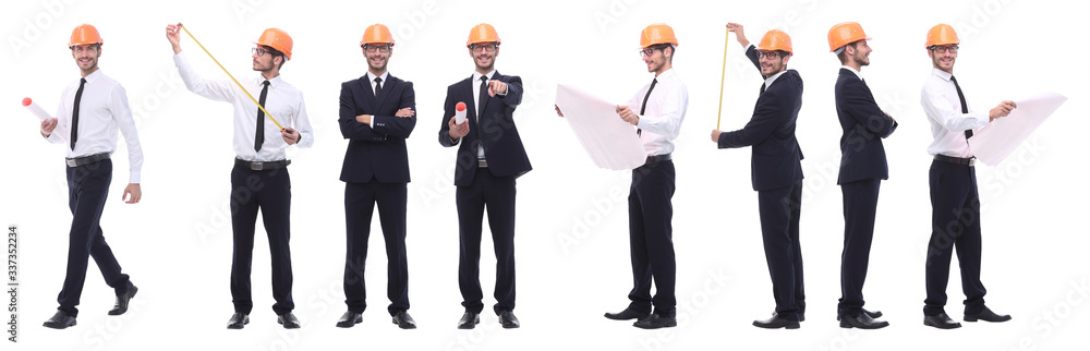 panoramic photo collage of qualified architect isolated on white panoramic photo collage of qualified architect isolated on white