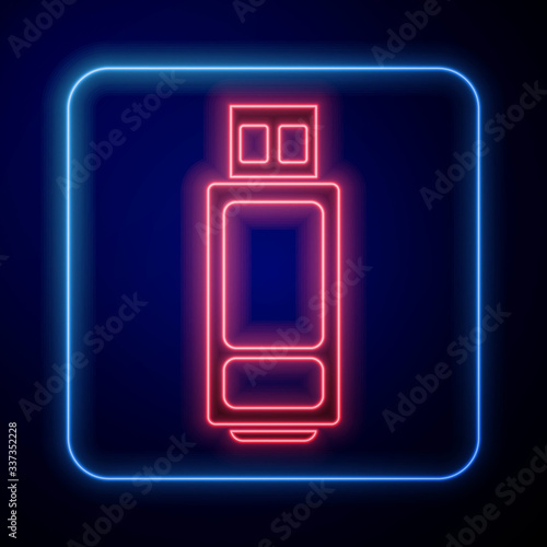 Glowing neon USB flash drive icon isolated on blue background. Vector Illustration