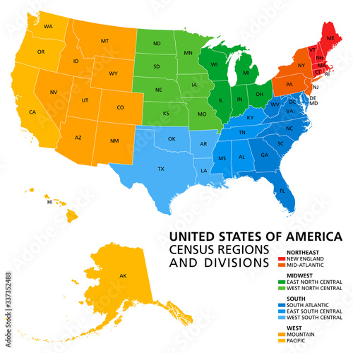 United States, Census regions and divisions, political map. Region definition widely used for data collection and analysis. The most commonly used classification system. English. Illustration. Vector.