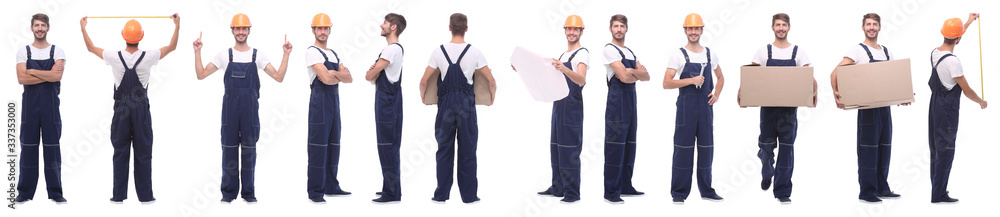 panoramic collage of skilled handyman isolated on white panoramic collage of skilled handyman isolated on white
