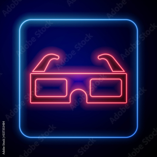 Glowing neon 3D cinema glasses icon isolated on blue background. Vector Illustration
