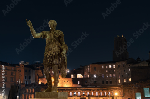 Statue of Trajan,Imperial Forums,Rome. Roman Emperor born in Spain. Famous for reforms, construction work on aqueducts and ports. He telling his story on the Trajan column in the Trajan markets.
