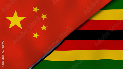 The flags of China and Zimbabwe. News, reportage, business background. 3d illustration