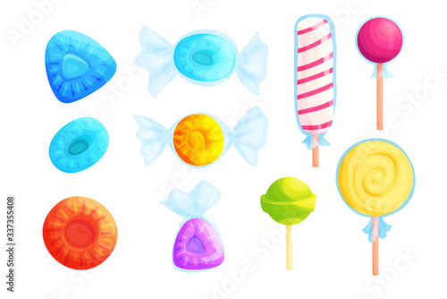 Sweet colorful candies flat vector illustration set