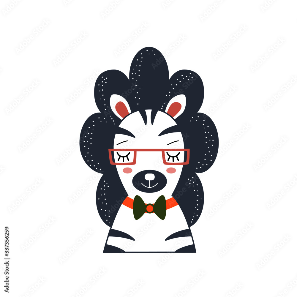 Cute cartoon zebra head in glasses. Exotic animals. Character for greeting cards, kids and baby t-shirts and wear, nursery and baby room interiors. Cute cartoon zebra head in glasses. Exotic animals. Character for greeting cards, kids and baby t-shirts and wear, nursery and baby room interiors.