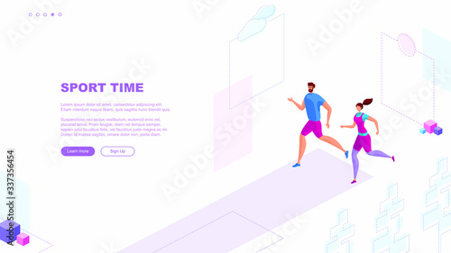 Trendy flat illustration. Sport Time page concept. Running man and woman. Template for your design works. Vector graphics.