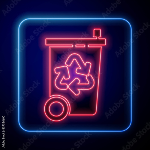 Glowing neon Recycle bin with recycle symbol icon isolated on blue background. Trash can icon. Garbage bin sign. Recycle basket sign. Vector Illustration