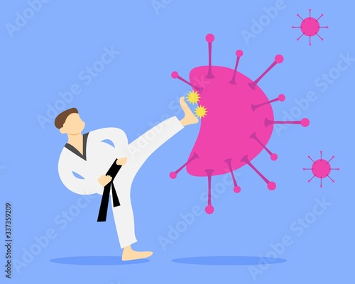 Illustration vector design of karateka is fighting and kicking the virus.