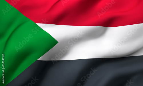 Flag of Sudan blowing in the wind. Full page Sudanese flying flag. 3D illustration.