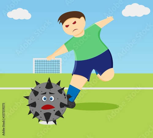 Illustration vector design of a man who is kicking the virus as ball.