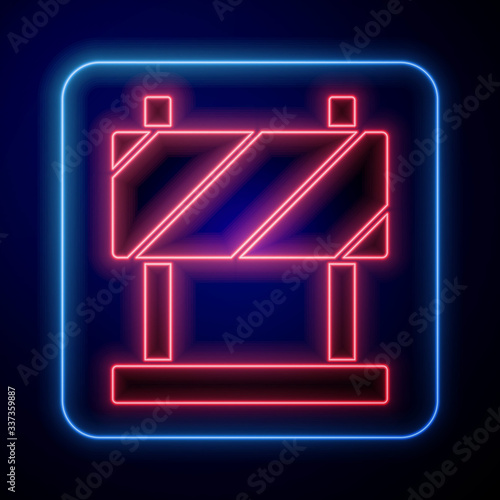Glowing neon Road barrier icon isolated on blue background. Symbol of restricted area which are in under construction processes. Repair works. Vector Illustration