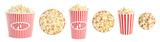 Set with buckets of tasty pop corn on white background. Banner design