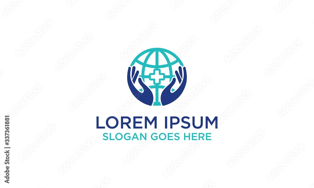 medical logo design with globe and hand medical logo design with globe and hand