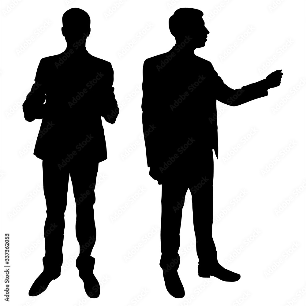 Vector illustration male silhouette in a business suit. Set of two black eyeshadows isolated on a white background. Demonstration, discussion, training, performance. A man in profile and full face.