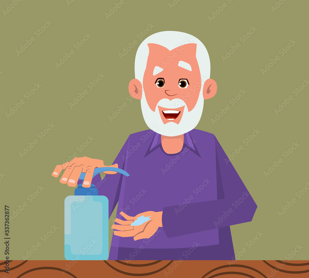 old man sanitizing hands with alcohol gel. old flat style character design for your design, motion, or animation.