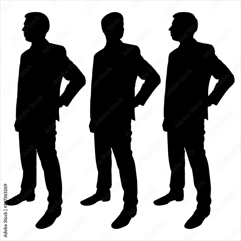 Vector illustration male silhouette in a business suit. Businessman stands and put his hand on his belt. Confidence. Purposefulness. Success. Command. Office workers. Set of three black silhouettes.