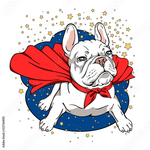 Cartoon white french bulldog in a superhero cape.