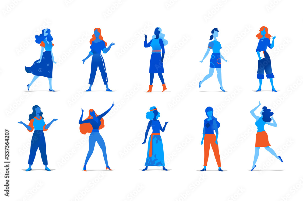 Collezione di personaggi femminili in diverse posizioni isolati sullo fondo bianco - obrazy, fototapety, plakaty 