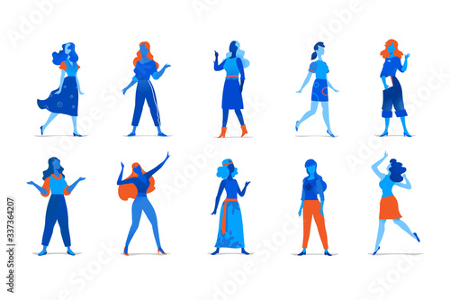 Collezione di personaggi femminili in diverse posizioni isolati sullo fondo bianco