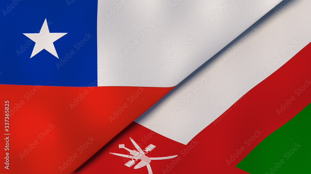 The flags of Chile and Oman. News, reportage, business background. 3d illustration