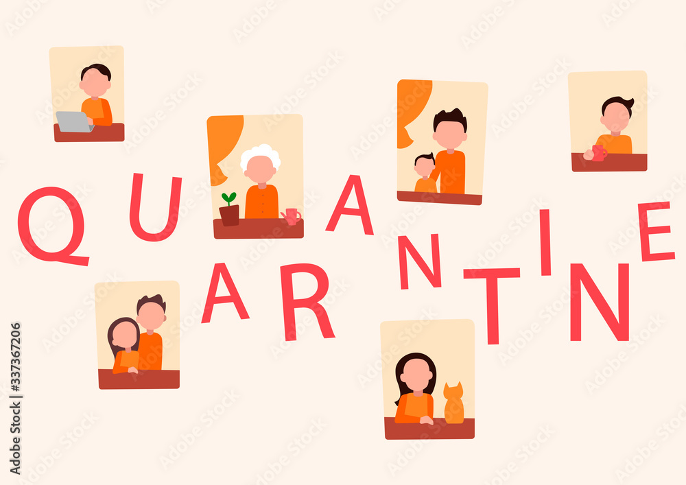 Fototapeta premium Observe quarantine to fight the coronavirus ( ovid19). People and families doing different activities at home. Self isolation helps prevent infection. Background with the inscription