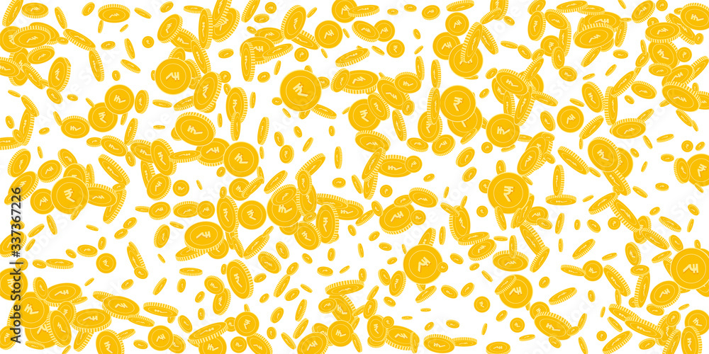 Indian rupee coins falling. Scattered disorderly I