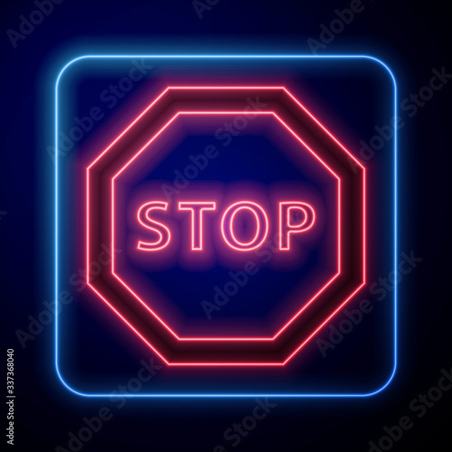 Glowing neon Stop sign icon isolated on blue background. Traffic regulatory warning stop symbol. Vector Illustration