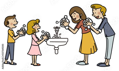 Family washing hands to prevent virus transmission