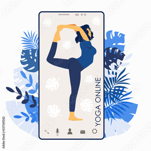 Yoga online. Girl coach on a smartphone screen conducts a lesson live. Concept for yoga courses or website design. Flat illustration isolated on white background. Sport at home