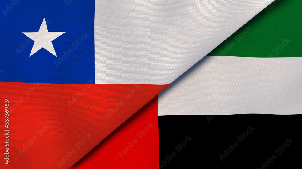 The flags of Chile and United Arab Emirates. News, reportage, business background. 3d illustration