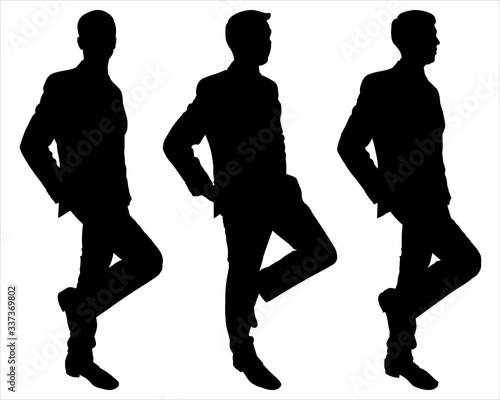 Vector illustration of a male silhouette in a suit. Businessman with a raised leg, leans on something, hand in the pocket of his trousers. He leaned his back against the wall. Black silhouettes.