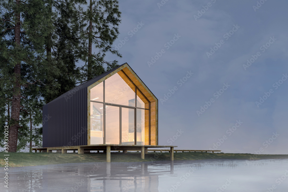 Secluded tiny house on the sandy shore of a lake with fog in a coniferous forest in cold cloudy lighting with warm light from the Windows. Stock 3D illustration