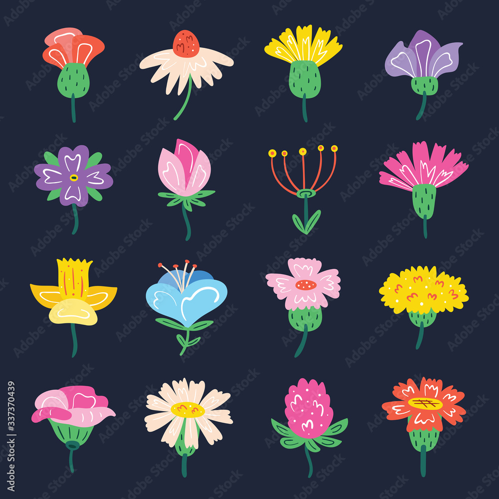 Set of little cute wildflowers. Flora design elements. Wild life, nature, blooming flowers, botanic. Flat colourful vector illustration icon sticker isolated on dark background.
