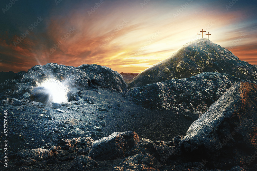 Obraz na plátně Easter Sunday concept: Empty tomb stone with cross on meadow sunrise background