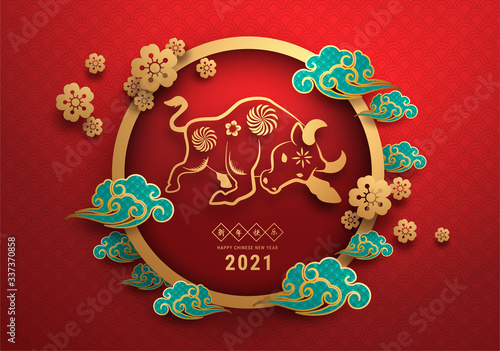 Fotografia 2021 Chinese New Year greeting card Zodiac sign with paper cut