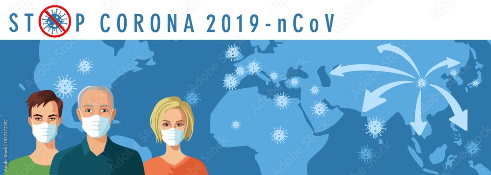 people wearing the new coronavirus outbreak global spread map and medical mask