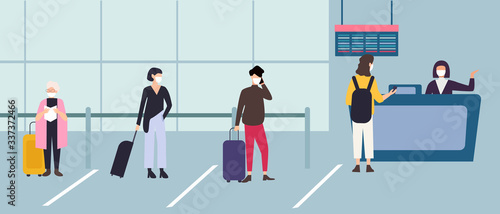 People staying in the line in the airport and keeping social distance during coronavirus pandemic. People in medical masks to be protected from coronavirus.