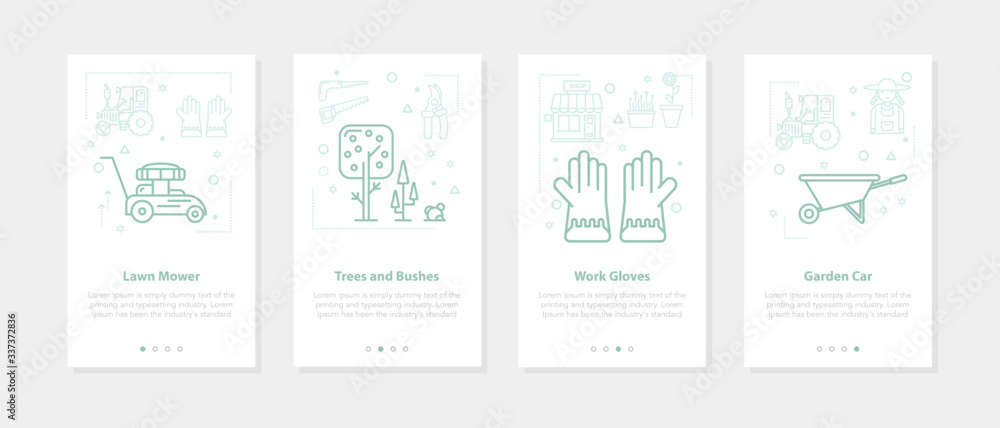 Four linear banners on white - home farmer, lawn mower, gloves, tree and bush Four linear banners on white - home farmer, lawn mower, gloves, tree and bush