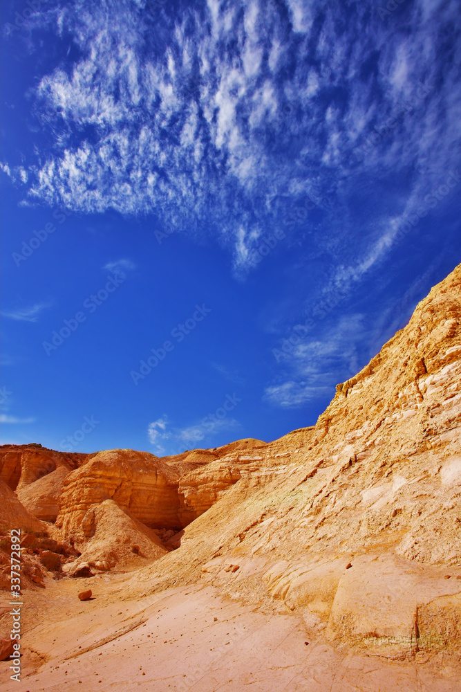 Yellow sandstone and the dark blue sky