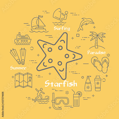 Vector round concept of starfish and summer icons