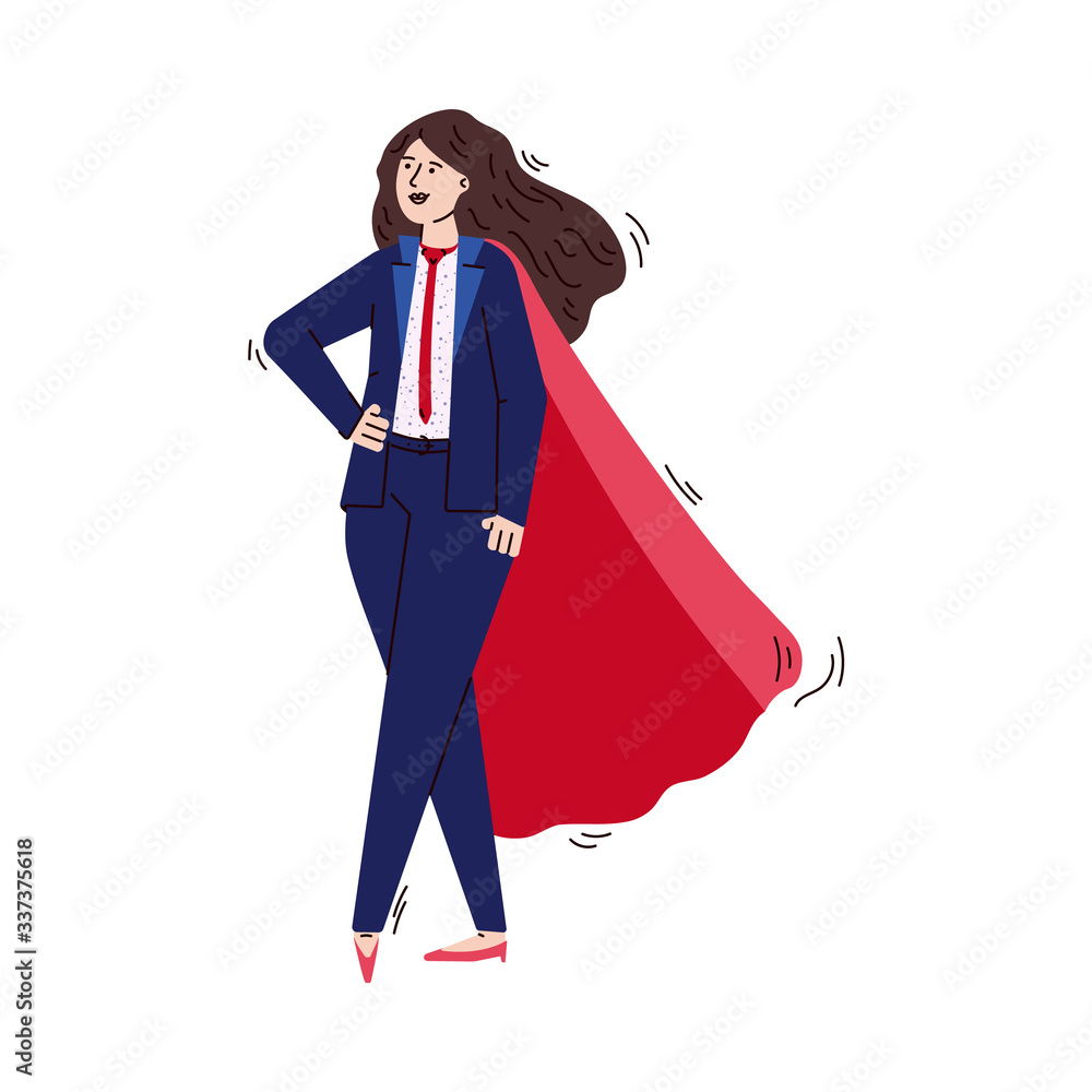 Superhero businesswoman with red hero cape standing in power pose