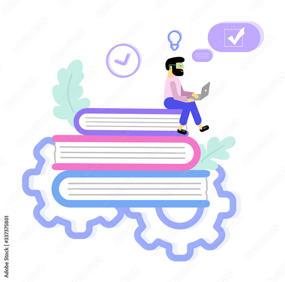 Man with laptop sitting on books. Student passing online exam. Flat illustration Man with laptop sitting on books. Student passing online exam. Flat illustration