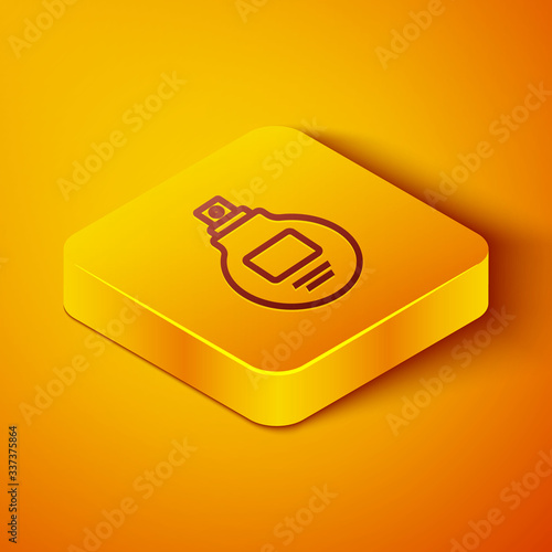 Isometric line Perfume icon isolated on orange background. Yellow square button. Vector Illustration
