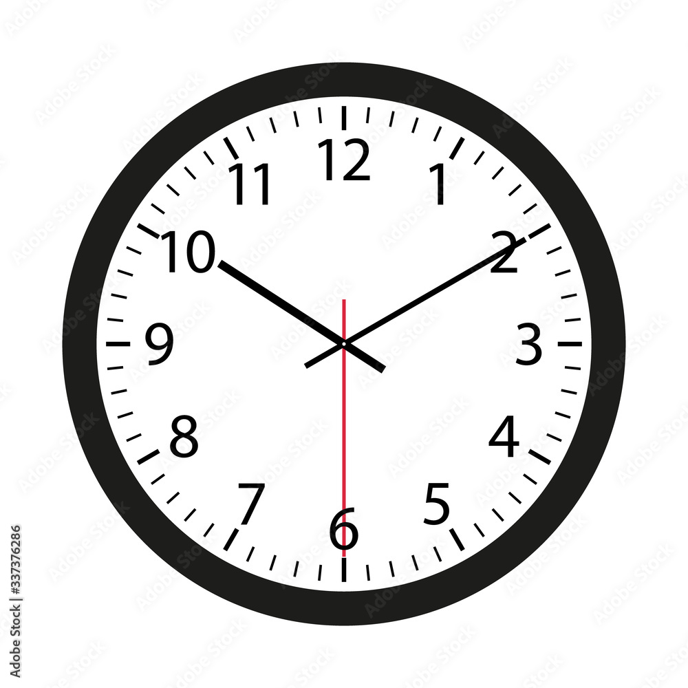 Wall clock with black frame and hands. Flat style vector illustration. Simple classic wall clock with arabic numbers with red second hand isolated on white background Wall clock with black frame and hands. Flat style vector illustration. Simple classic wall clock with arabic numbers with red second hand isolated on white background