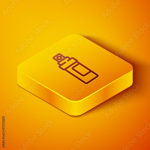 Isometric line Perfume icon isolated on orange background. Yellow square button. Vector Illustration