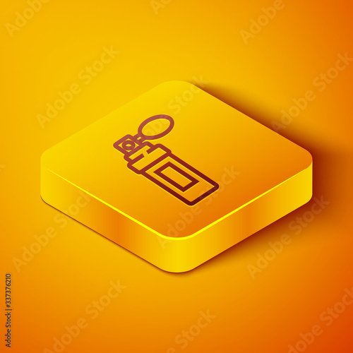 Isometric line Perfume icon isolated on orange background. Yellow square button. Vector Illustration