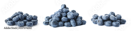 Set of tasty ripe blueberries on white background. Banner design